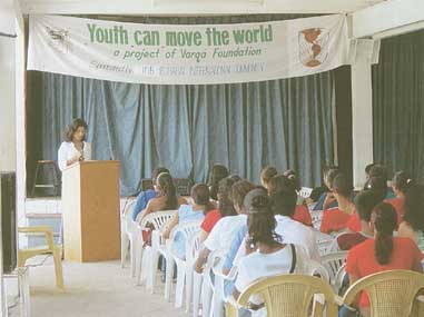 YOUTHS CAN MOVE THE WORLD: First Lady Varshanie Jagdeo addressing youths during the Youth can Move the World workshop which is a project of Varqa Foundation and which is sponsored by the Inter-American Development Bank and the Bahai International Community.