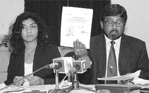First Lady Varshnie Uma Jagdeo with her Attorney Odai Ramischand at media briefing in Port of Spain.